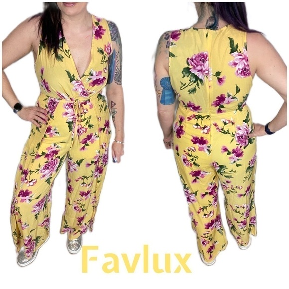 Favlux yellow floral jumpsuit sleeveless v-neck - Picture 1 of 12